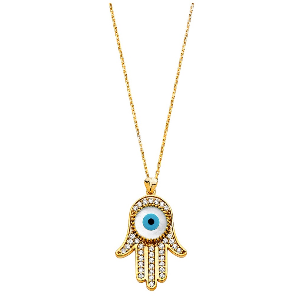 14K Yellow Gold CZ Evil Eye Necklace - 17+1"
